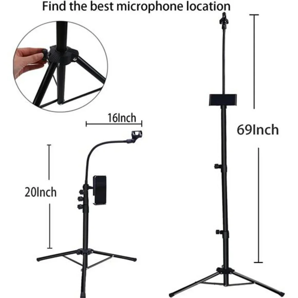 Microphone Stand Portable Mic Stand with Phone Holder ,Detachable Gooseneck Mic